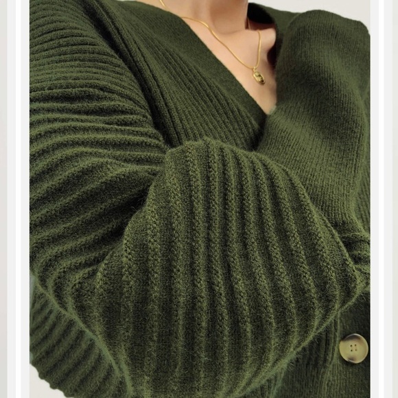 Button Up Balloon Sleeve Ribbed Knit Cardigan in Olive Green - Size S - Picture 10 of 12
